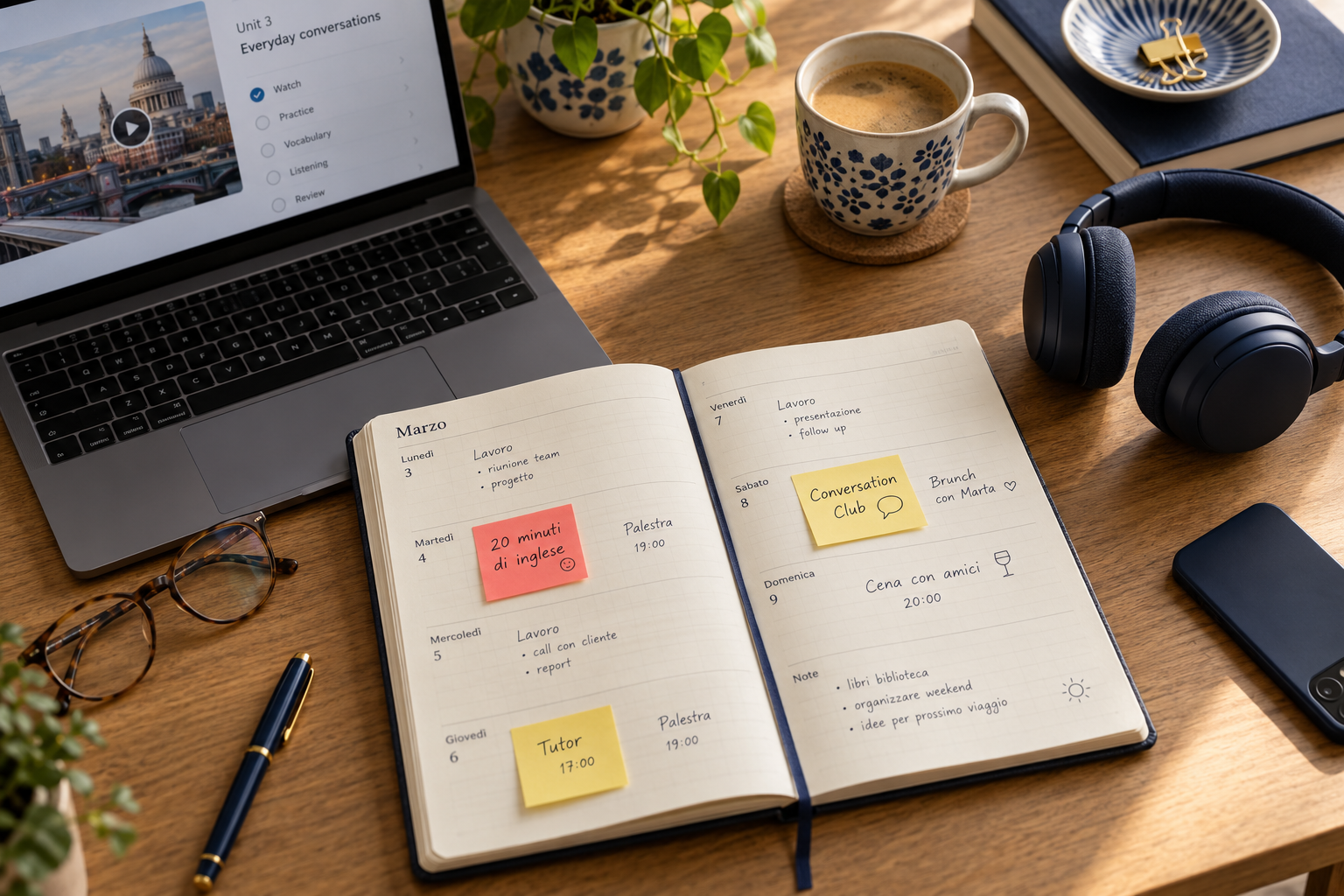 Un’agenda aperta sulla scrivania con impegni quotidiani e post-it dedicati allo studio dell’inglese, accanto a laptop, cuffie e caffè
