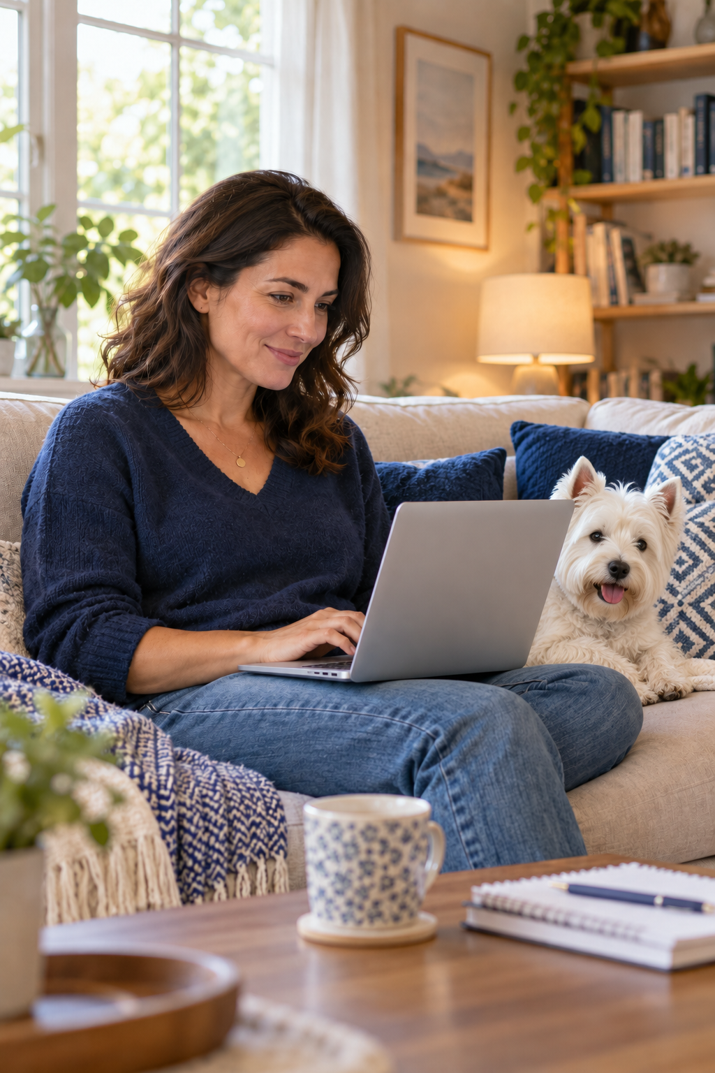 Una donna studia inglese al computer sul divano con un Westie accanto